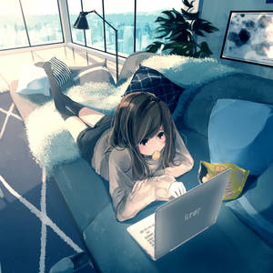 Cô gái anime nằm làm việc trên laptop — Anime laptop Hình nền