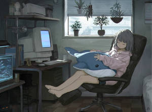 Cô gái anime ngủ gục trước laptop — Anime laptop Hình nền