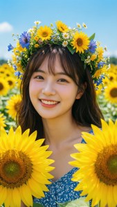 Cô gái thẩm mỹ với vương miện hoa giữa cánh đồng hoa hướng dương.
