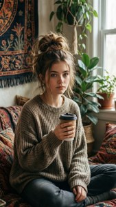 Cô gái mặc áo len rộng với tách cà phê trong căn phòng phong cách bohemian. — Indie phong cách thẩm mỹ GIF Hình nền