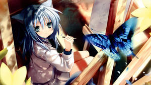 Cô gái mèo anime dễ thương với chú bướm
