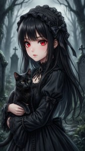 Cô gái anime gothic dễ thương với chú mèo đen trong nghĩa địa. — Ảnh đại diện anime dễ thương Hình nền