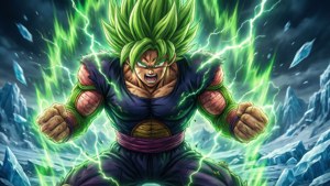 Một mô tả đầy kịch tính về Broly trong hình dạng Siêu Saiyan Huyền Thoại, tỏa ra sức mạnh giữa băng giá và sự hủy diệt. — Dragon ball super broly Hình nền