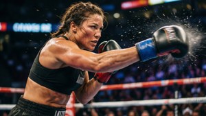 Khoảnh khắc hành động của Ronda Rousey tung ra cú đấm mạnh mẽ trên võ đài.