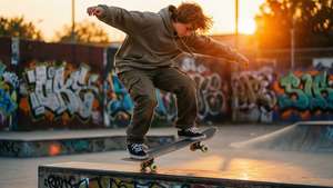 Chàng trai trượt ván thực hiện cú kickflip trong ánh hoàng hôn ấm áp với phông nền graffiti.
