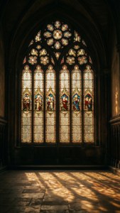 Ánh nắng xuyên qua cửa sổ kính màu trong một đại sảnh Gothic.