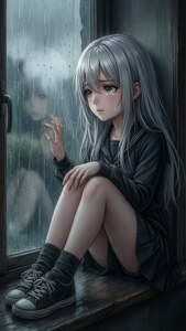 Một cô gái anime buồn ngồi trên bệ cửa sổ, nhìn ra màn mưa, tay chạm vào kính. — iPhone 8 Hình nền