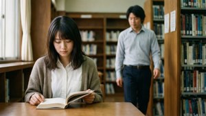 Rikako đang đọc sách trong thư viện khi Taku đến gần — Sóng biển Hình nền