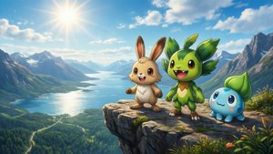 Ba khởi đầu Galar nhìn xuống vùng đất trong một khung cảnh đầy nắng