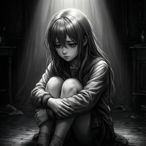 Một cô gái anime buồn bã cuộn mình trong căn phòng tối với ánh sáng kịch tính. — Anime buồn GIF Hình nền