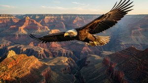 Một con đại bàng bay lượn trên Grand Canyon vào giờ vàng.