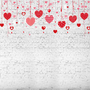 Dải băng trái tim Valentine màu đỏ dễ thương trên nền tường gạch — Valentine dễ thương Hình nền
