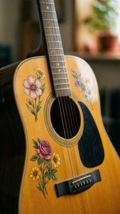 Cận cảnh cây đàn guitar acoustic với họa tiết hoa.