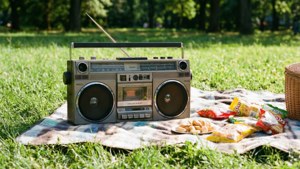 Một chiếc loa boombox cổ điển tận hưởng ngày nắng đẹp tại buổi dã ngoại trong công viên. — Âm nhạc thẩm mỹ Hình nền