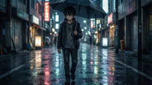 Một cậu bé anime buồn bã đi một mình trên con phố thành phố mưa vào ban đêm, bị ướt sũng.