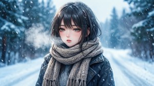 Cô gái anime tận hưởng khung cảnh mùa đông tuyết phủ.