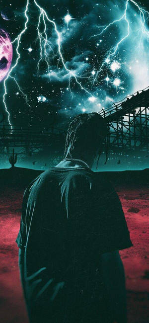 Hình nền Astroworld với hình ảnh thẩm mỹ của Travis Scott và nền tia chớp.
