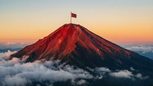 Đỉnh núi đỏ với lá cờ trên đỉnh, mây bên dưới lúc bình minh