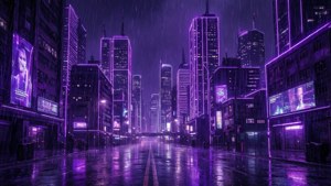 Đường chân trời thành phố tím neon phát sáng theo phong cách cyberpunk