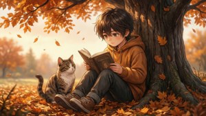 Một cậu bé anime đọc sách cùng chú mèo dưới gốc cây vào mùa thu.