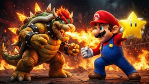 Mario đối mặt Bowser trong đấu trường lửa, tay cầm Super Star, trong trận chiến hoành tráng. — Mario Hình nền