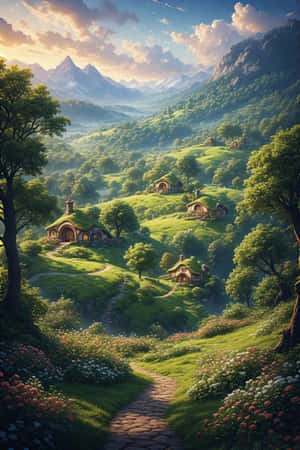 Hobbiton, nhà hobbit, đồi xanh, huyền ảo, khu vườn, nở hoa, cổ tích, bình minh, du lịch, phong cảnh, 4K — 4K Hình nền