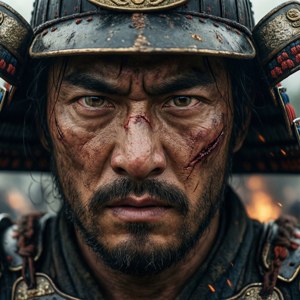 Cận cảnh dữ dội khuôn mặt samurai với vết sẹo và nền lửa — Pixel Watch 5 Hình nền