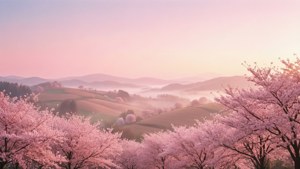 Phong cảnh thẩm mỹ màu hồng nhạt với hoa anh đào và những ngọn đồi mờ sương.