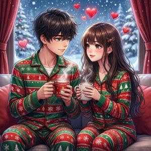 Cặp đôi anime trong bộ đồ ngủ Giáng Sinh ngắm tuyết rơi — Anime giáng sinh Hình nền
