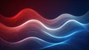 Những con sóng trừu tượng với tông màu chuyển sắc OnePlus, các đường nét uốn lượn.