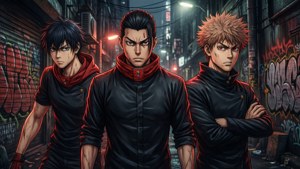 Hình nền nhóm ấn tượng của Mikey, Draken và Takemichi từ Tokyo Revengers trong một con hẻm tối. — Tokyo Revengers Hình nền
