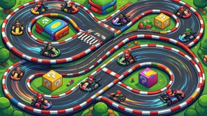 Góc nhìn đẳng cự của đường đua Mario Kart với các xe kart đang đua. — Nintendo Hình nền