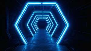 Một góc nhìn phối cảnh của đường hầm hình lục giác màu xanh neon, mang phong cách tương lai và phát sáng. — 霓虹蓝美学 Hình nền