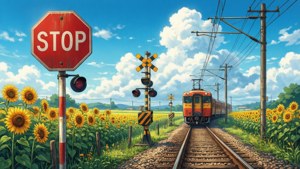 Một đường ray xe lửa trong phong cách anime nằm giữa cánh đồng hoa hướng dương.