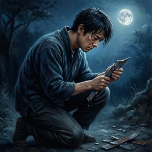 Ikoma quỳ trong hối hận dưới ánh trăng cùng một mảnh kim loại vỡ. — Pixel Watch 5 Hình nền
