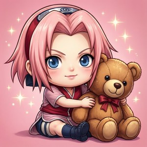 Sakura chibi đáng yêu cùng người bạn gấu bông lớn của cô. — Infinix Zero Hình nền