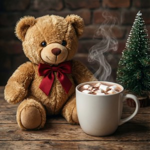 Chú gấu bông ấm áp với ca cao nóng và cây thông nhỏ, hoàn hảo cho hình nền ấm cúng. — Dễ thương Giáng sinh Hình nền