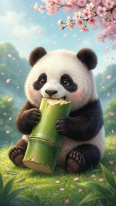 Chú gấu trúc kawaii đáng yêu đang thưởng thức tre vào mùa xuân. — Kawaii Hình nền