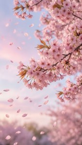 Những cánh hoa anh đào hồng nhạt bay lơ lửng trong bầu trời pastel, thể hiện vẻ đẹp thẩm mỹ của sắc hồng nhẹ nhàng. — Hồng pastel nhẹ Hình nền