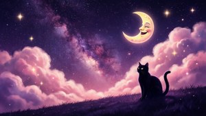 Bầu trời đêm ngân hà thẩm mỹ kỳ ảo với mặt trăng cười và bóng mèo — Dễ thương thẩm mỹ GIF Hình nền