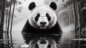 Hình ảnh gấu trúc phơi sáng kép với phản chiếu rừng cây, hình nền đen trắng siêu thực. — Gấu trúc Hình nền