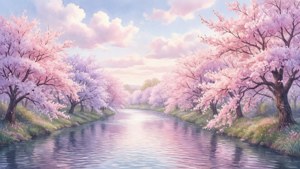 Một dòng sông yên bình bên những hàng hoa anh đào màu phấn, mang lại cảm giác thẩm mỹ nhẹ nhàng. — Mềm mại thẩm mỹ Hình nền