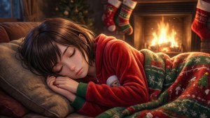 Cô gái anime ngủ trong bộ onesie Giáng sinh bên lò sưởi — Anime giáng sinh Hình nền