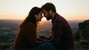 Cặp đôi chia sẻ tai nghe trong bóng chiều hoàng hôn. — Âm nhạc thẩm mỹ Hình nền