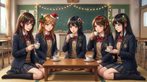 Các nữ sinh anime đang tận hưởng kotatsu Giáng Sinh trong lớp học — Anime giáng sinh Hình nền