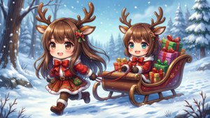 Cô gái anime chibi hóa thân thành tuần lộc kéo xe chở quà — Anime giáng sinh Hình nền