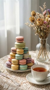 Một bức tĩnh vật tinh tế với macaron và trà, vẻ đẹp thẩm mỹ dịu dàng hoàn hảo. — Mềm mại thẩm mỹ Hình nền