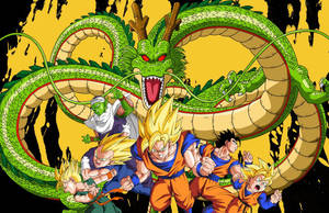 Dragon Ball Z San Goku và các nhân vật khác ở chế độ super saiyan cùng với Shenron con rồng xanh.