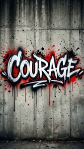 Dòng chữ graffiti 'Can Đảm' nổi bật trên nền bê tông với những vệt bắn màu đỏ và đen, phong cách đô thị bụi bặm. — Thẩm mỹ từ ngữ GIF Hình nền