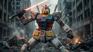 RX-78-2 Gundam trong tư thế chiến đấu kịch tính giữa một thành phố bị tàn phá.
